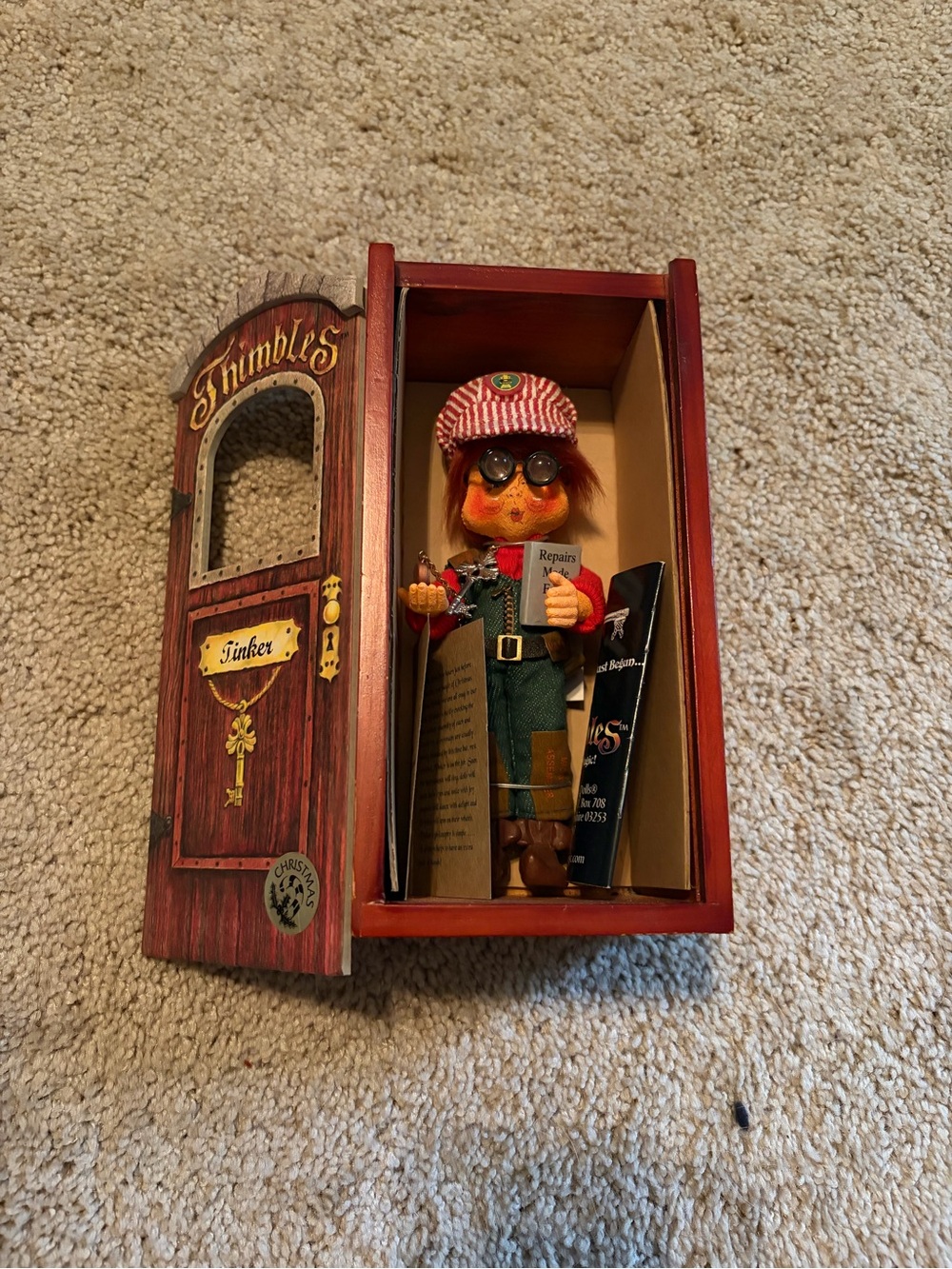 Annalee Red and Green Tinker Doll in Wooden Box
